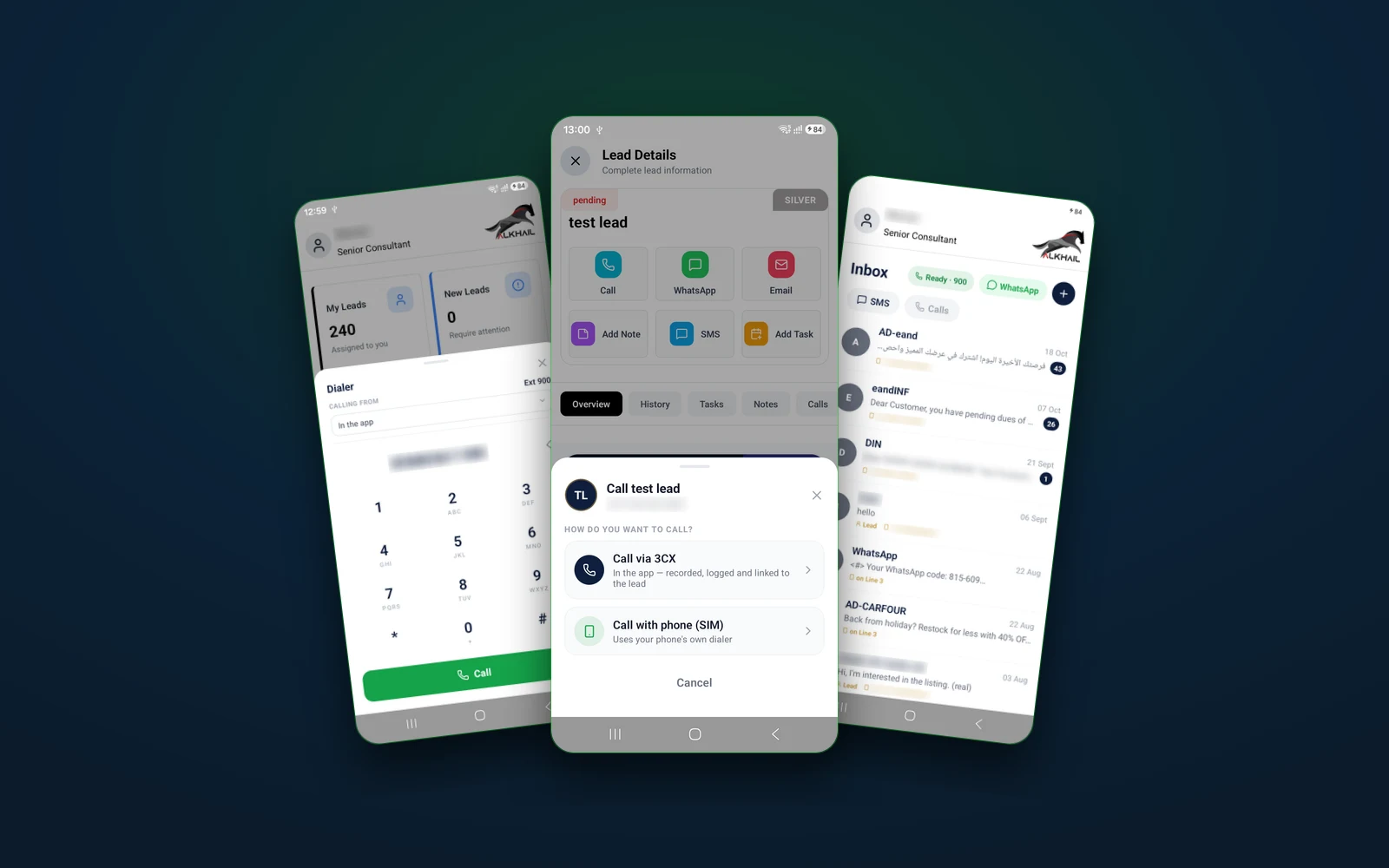 Al Khail Agent App — Calls & SMS From the Office Lines, Linked to Every Lead